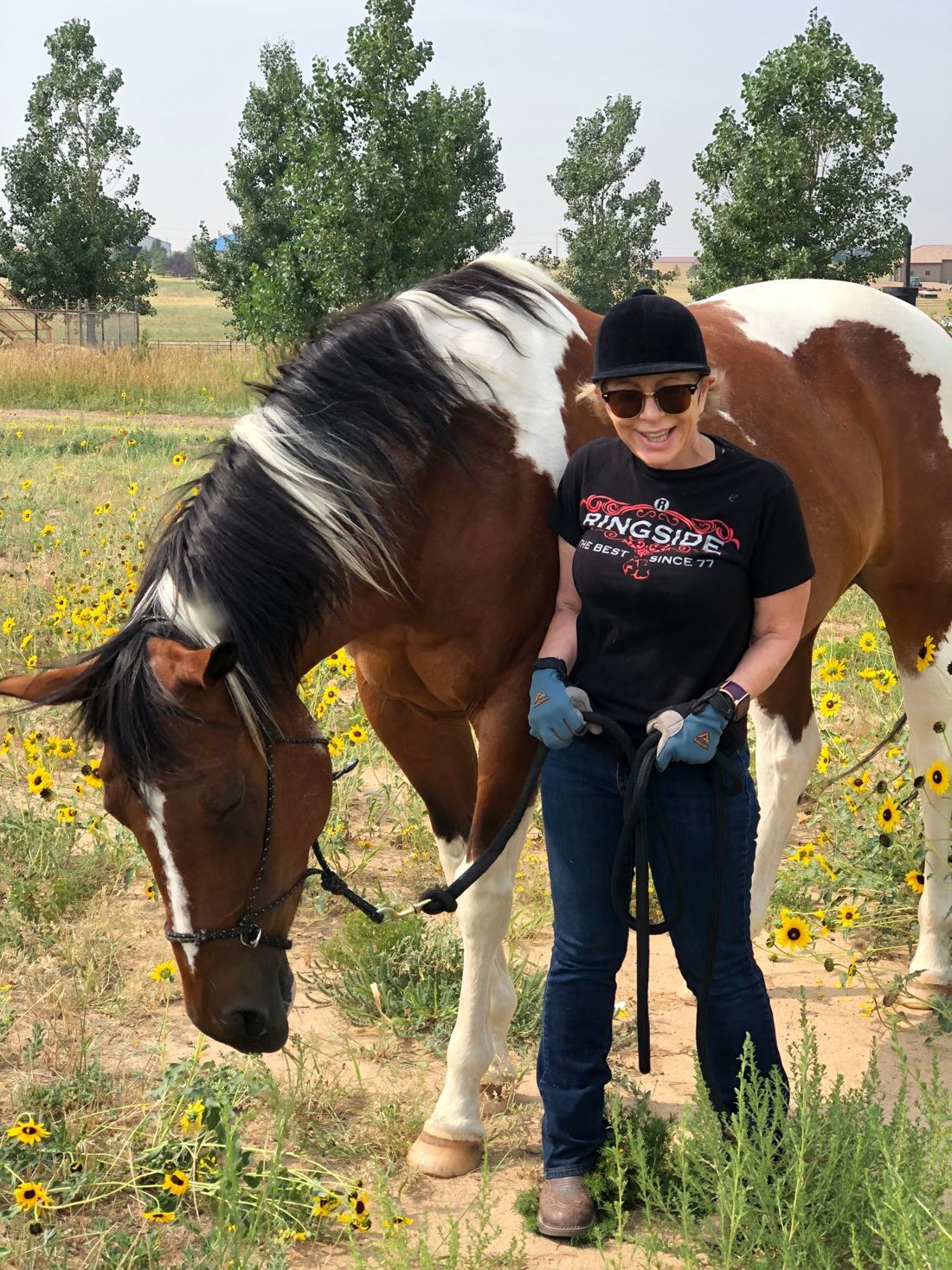 A laughing herd member leading a Paint horse through a field of wild sunflowers