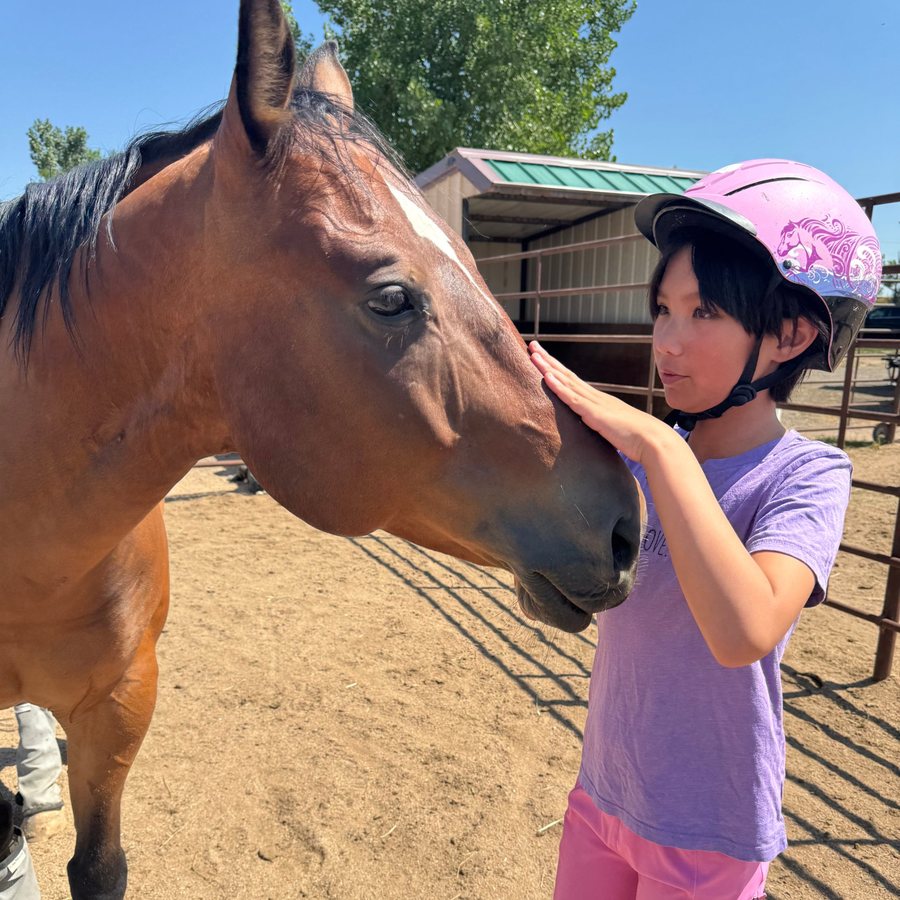 Young rider Olivia in a pink helmet gently touching Champ's face