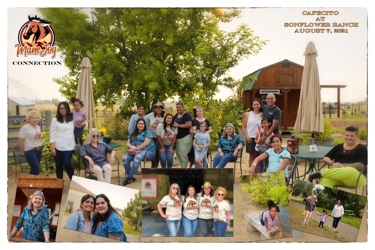 Collage from Cafecito at SonFlower Ranch, August 7, 2021: families, kids and supporters gathered among the sunflowers
