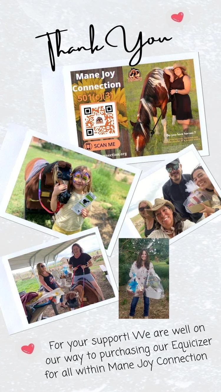 Thank-you collage for supporters who helped Mane Joy Connection raise funds toward Maggie the Equicizer, with photos of riders, raffle baskets and smiling volunteers