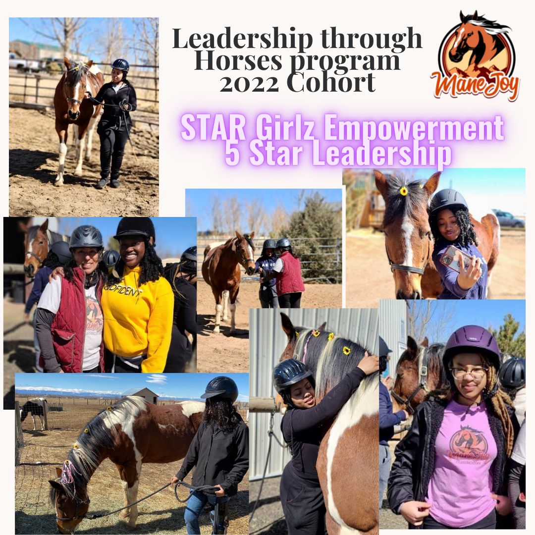 Collage of the 2022 Leadership Through Horses cohort with STAR Girlz Empowerment: young women leading, hugging and taking selfies with Paint horses
